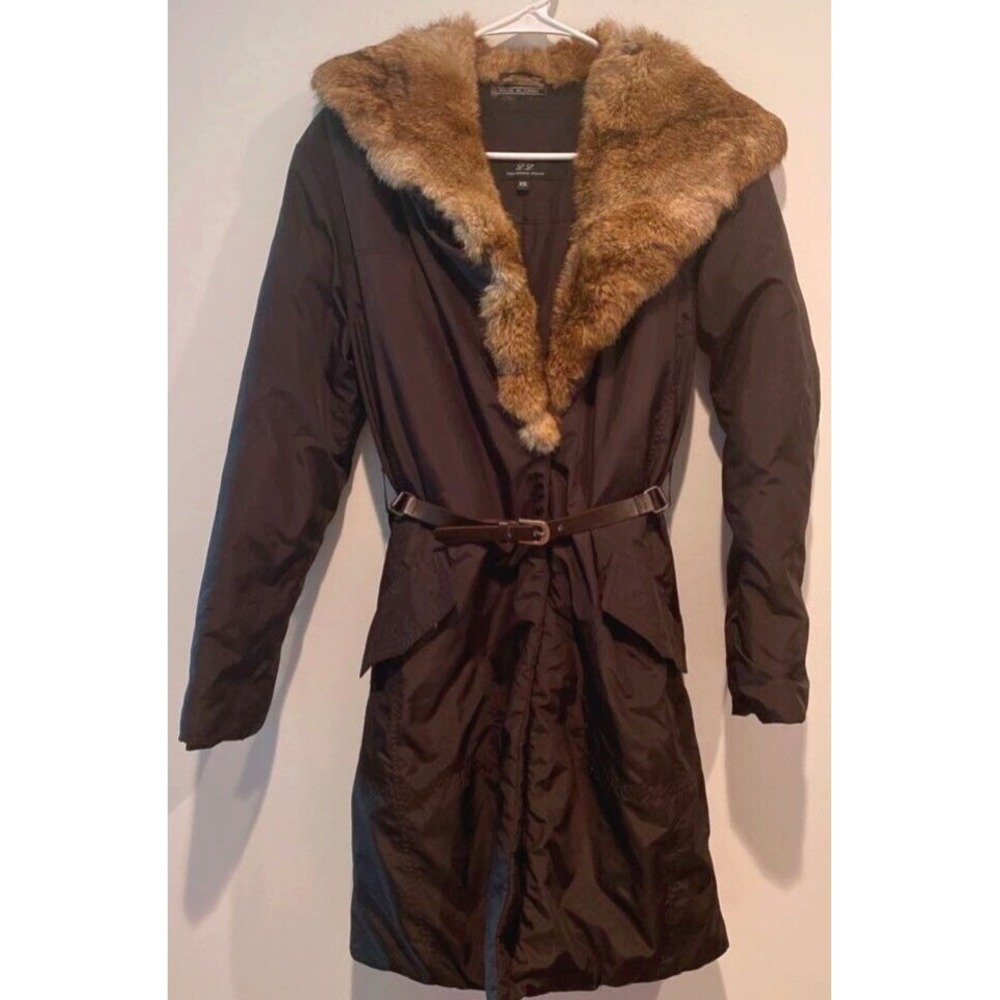 VTG L.L. Collezioni Italia Coat Womens XS Brown Puffer Rabbit Fur Collar Belted
